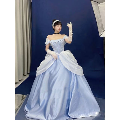 Strapless Star Print A-Line Ball Gown / Puff-Sleeve Ball Gown / Petticoat Skirt / Set