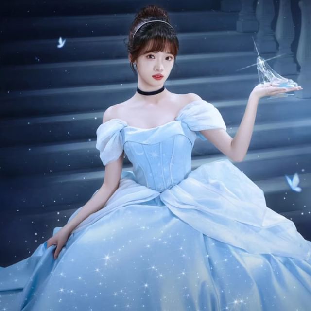 Strapless Star Print A-Line Ball Gown / Puff-Sleeve Ball Gown / Petticoat Skirt / Set
