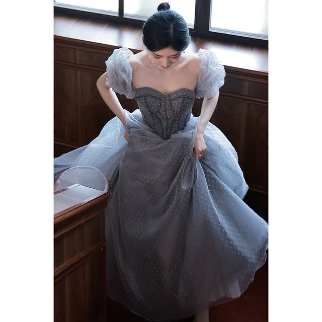 Puff-Sleeve Dotted A-Line Evening Gown