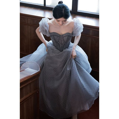 Puff-Sleeve Dotted A-Line Evening Gown