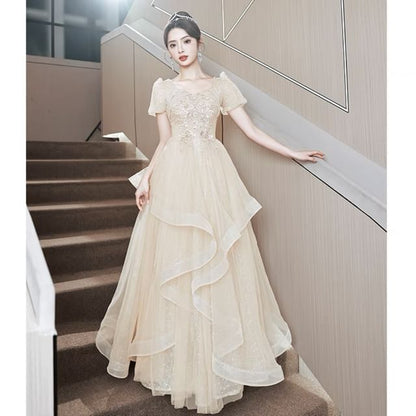 Puff-Sleeve Sequin Evening A-Line Flower Embroidered Ruffle Gown