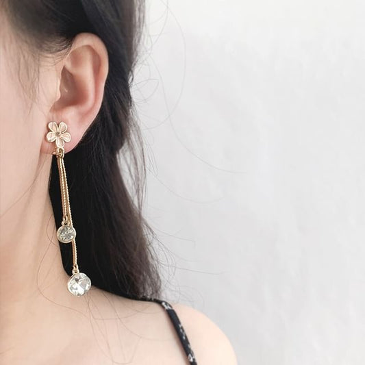 Floral Rhinestone Asymmetrical Alloy Dangle Earring