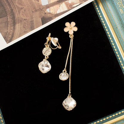 Floral Rhinestone Asymmetrical Alloy Dangle Earring