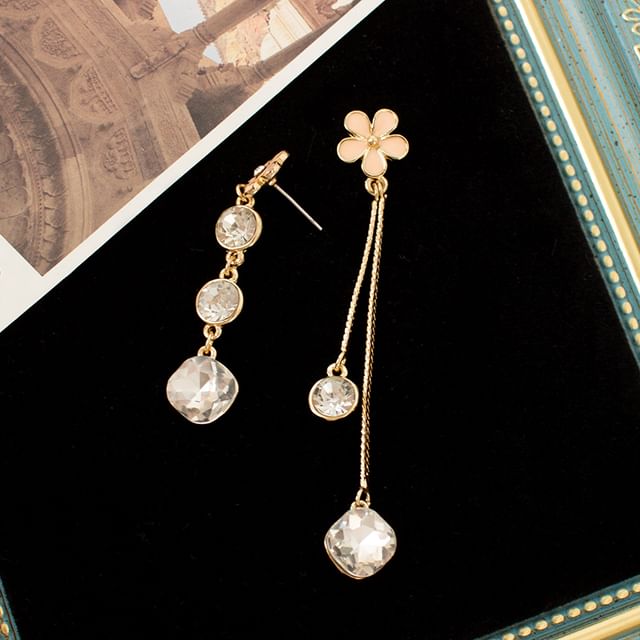 Floral Rhinestone Asymmetrical Alloy Dangle Earring