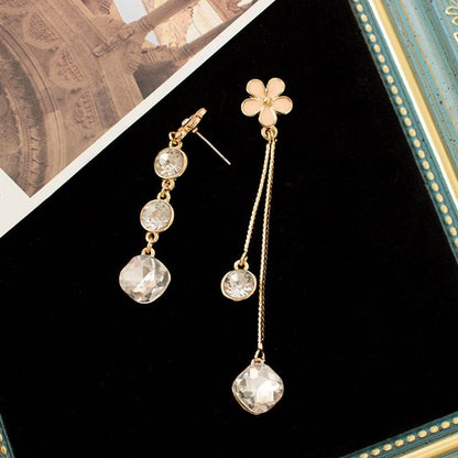 Floral Rhinestone Asymmetrical Alloy Dangle Earring