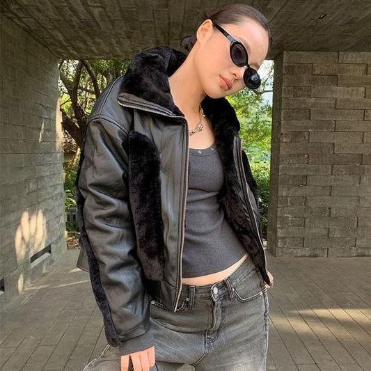 Stand Collar Faux Fur Panel Faux Leather Puffer Jacket