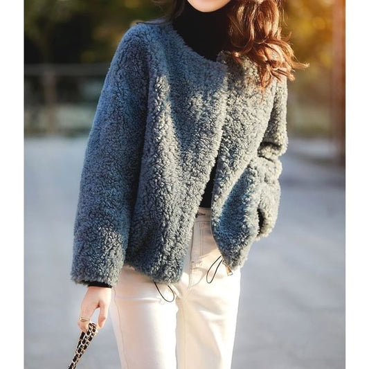 Round Neck Plain Teddy Jacket