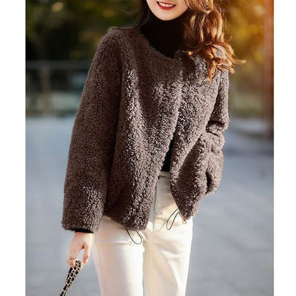 Round Neck Plain Teddy Jacket