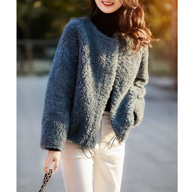 Round Neck Plain Teddy Jacket