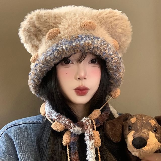Bear Ear Panel Fluffy Knit Hat