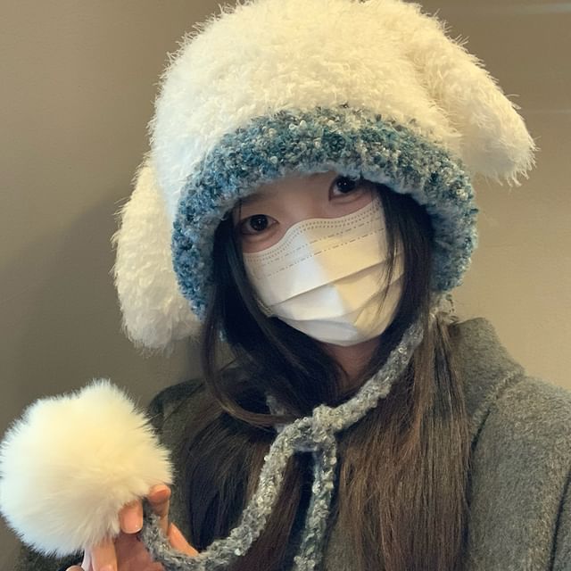 Rabbit Ear Pom Pom Panel Fluffy Knit Hat