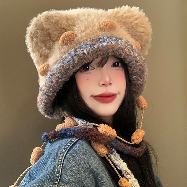 Bear Ear Panel Fluffy Knit Hat