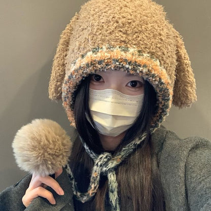 Rabbit Ear Pom Pom Panel Fluffy Knit Hat