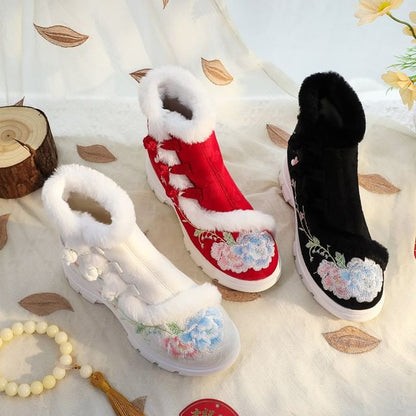 Boots Short Embroidery Trim Furry Floral Lace-Up