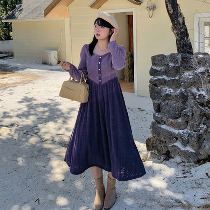 Plus Size Long Sleeve Square Neck Two Tone Knit Midi A-Line Dress