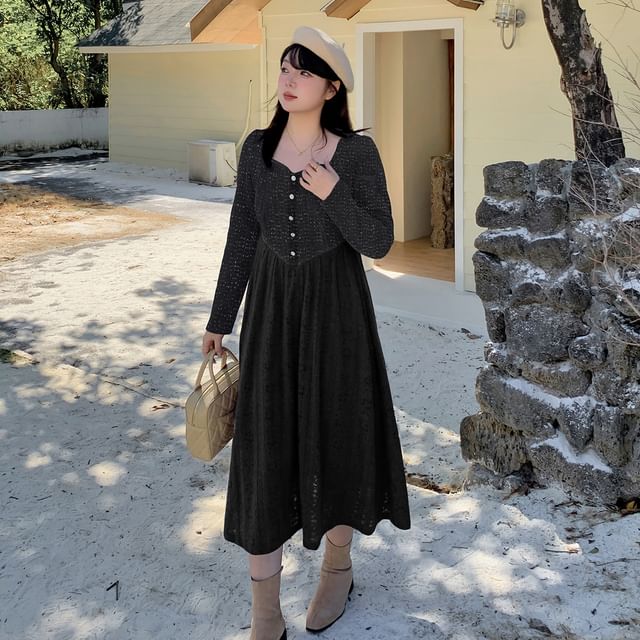 Plus Size Long Sleeve Square Neck Two Tone Knit Midi A-Line Dress