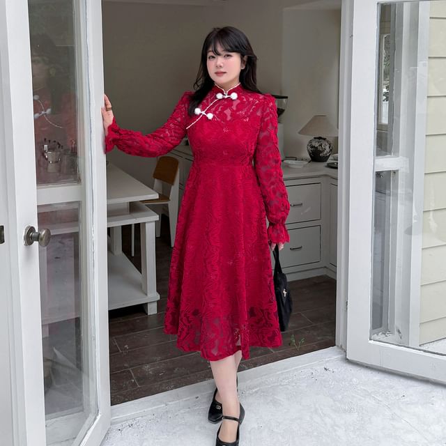 Plus Size Long Sleeve Mandarin Collar Floral Lace A-Line Midi Dress