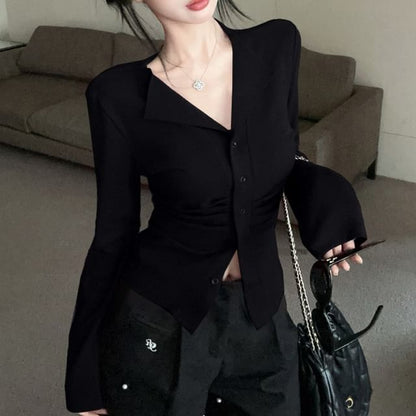 Long Sleeve V-Neck Plain Ruched Button Top