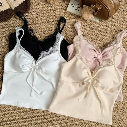 V-Neck Lace Trim Crop Cami Top