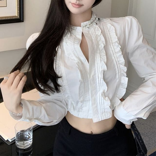 Long-Sleeve Plain Ruffle Crop Shirt
