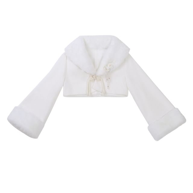 Set: Long-Sleeve Asymmetrical Ruffled Plain Midi Qipao + Fluffy Cuff Jacket + Floral Brooch