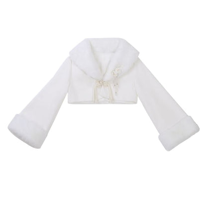 Set: Long-Sleeve Asymmetrical Ruffled Plain Midi Qipao + Fluffy Cuff Jacket + Floral Brooch