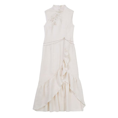 Set: Long-Sleeve Asymmetrical Ruffled Plain Midi Qipao + Fluffy Cuff Jacket + Floral Brooch