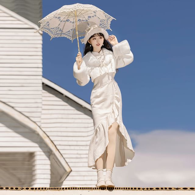 Set: Long-Sleeve Asymmetrical Ruffled Plain Midi Qipao + Fluffy Cuff Jacket + Floral Brooch