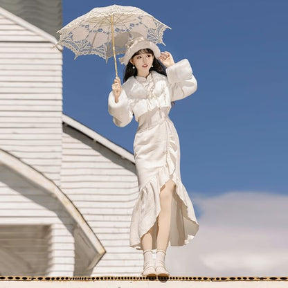 Set: Long-Sleeve Asymmetrical Ruffled Plain Midi Qipao + Fluffy Cuff Jacket + Floral Brooch