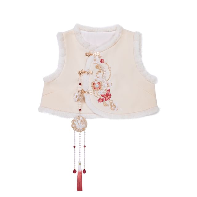 Long-Sleeve Floral Embroidered Midi Qipao / Fluffy Trim Frog Buttoned Vest / Set