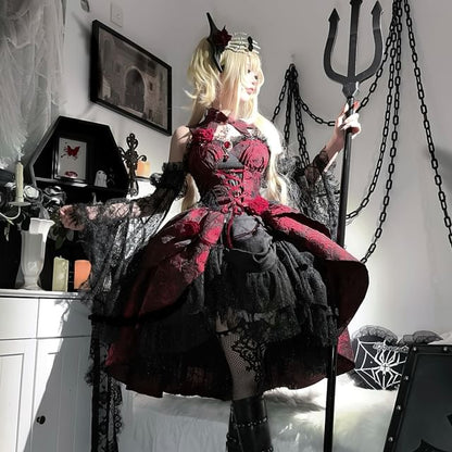 Set: Spaghetti Strap Floral Print Lace Panel Mini A-Line Lolita Dress + Arm Sleeves + Decorative Collar