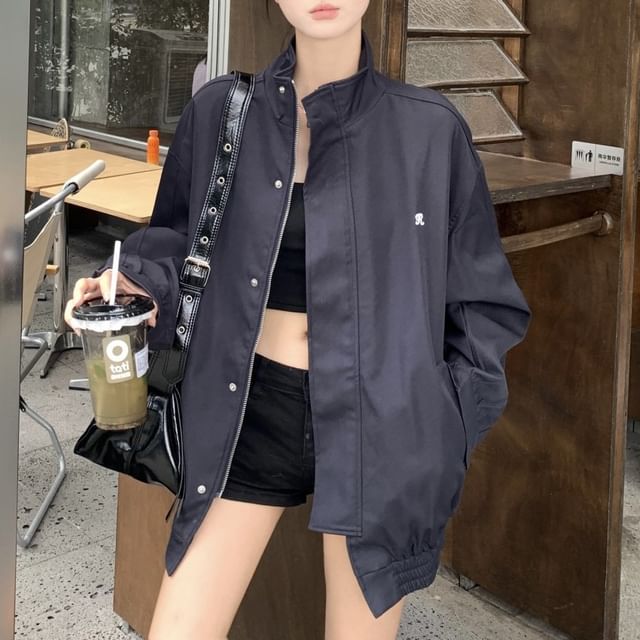 Stand Collar Embroidered Zip Jacket