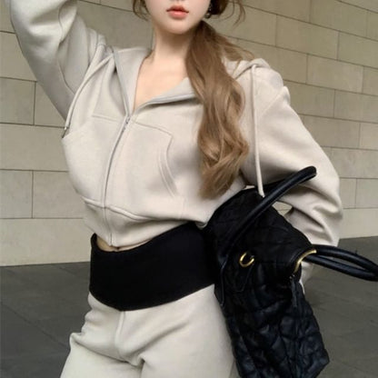 Plain Drawstring Crop Zip Hoodie / High Rise Two Tone Bootcut Sweatpants