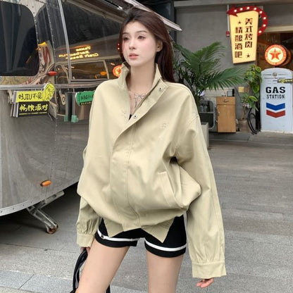 Stand Collar Embroidered Zip Jacket