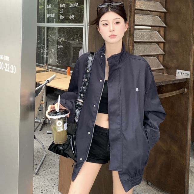 Stand Collar Embroidered Zip Jacket