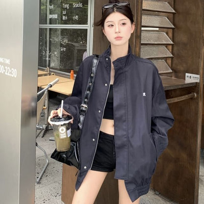 Stand Collar Embroidered Zip Jacket