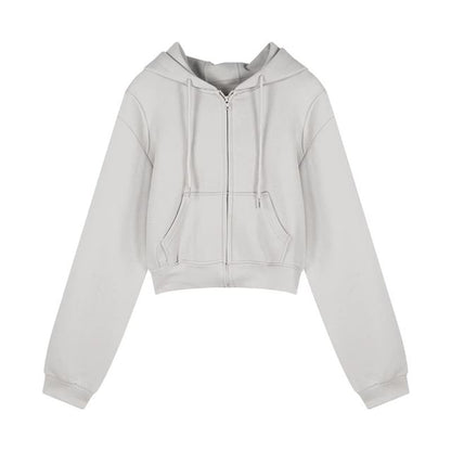 Plain Drawstring Crop Zip Hoodie / High Rise Two Tone Bootcut Sweatpants