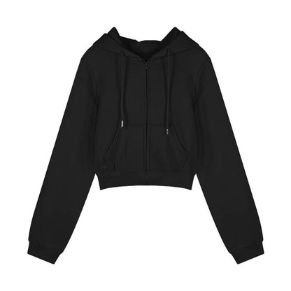 Plain Drawstring Crop Zip Hoodie / High Rise Two Tone Bootcut Sweatpants