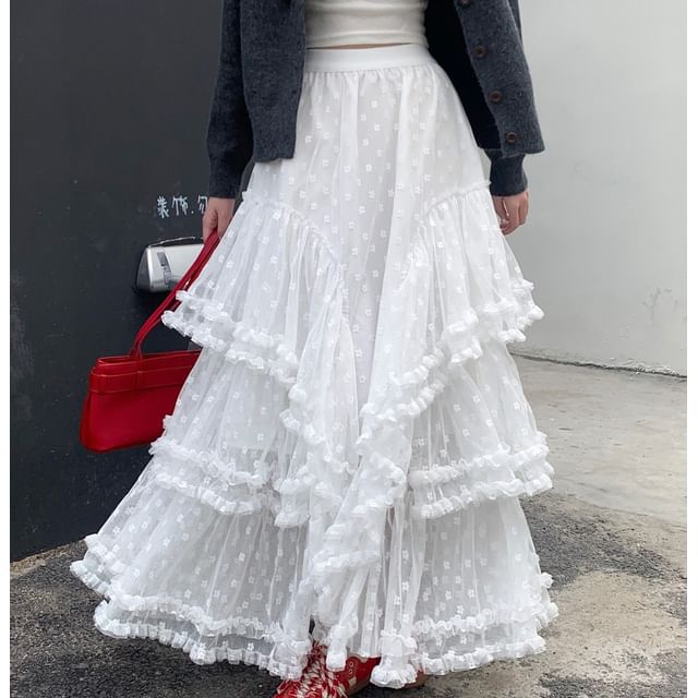 High Rise Floral Ruffle Asymmetrical Maxi A-Line Skirt