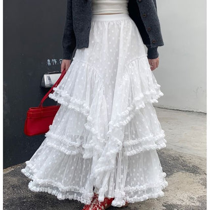 High Rise Floral Ruffle Asymmetrical Maxi A-Line Skirt