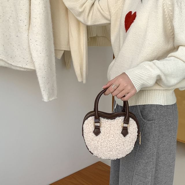 Heart Faux Shearling Crossbody Bag