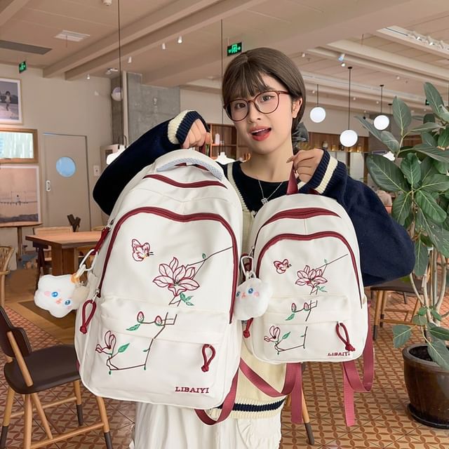 Floral Embroidered Nylon Laptop Backpack / Bag Charm / Set