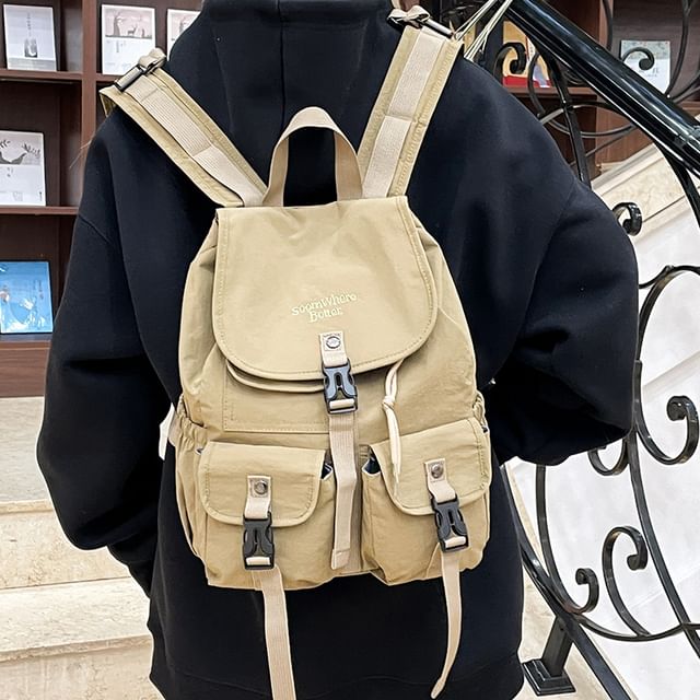 Lettering Embroidered Buckled Nylon Flap Backpack