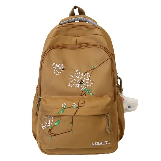 Floral Embroidered Nylon Laptop Backpack / Bag Charm / Set