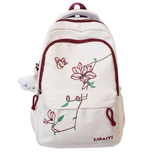 Floral Embroidered Nylon Laptop Backpack / Bag Charm / Set