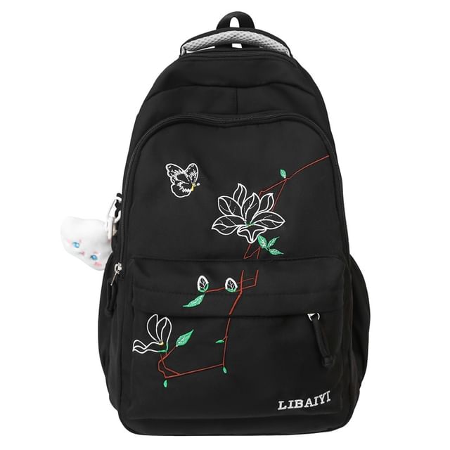 Floral Embroidered Nylon Laptop Backpack / Bag Charm / Set