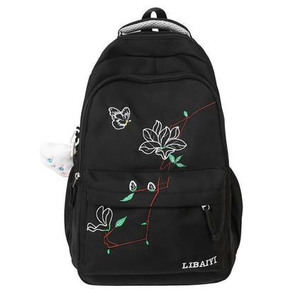 Floral Embroidered Nylon Laptop Backpack / Bag Charm / Set