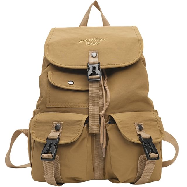 Lettering Embroidered Buckled Nylon Flap Backpack