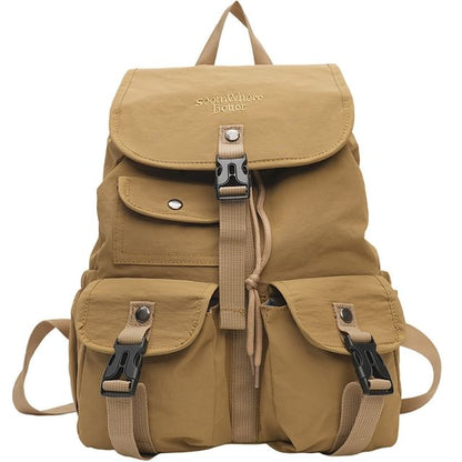 Lettering Embroidered Buckled Nylon Flap Backpack