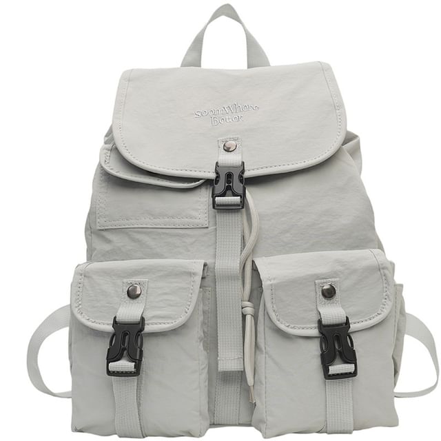 Lettering Embroidered Buckled Nylon Flap Backpack